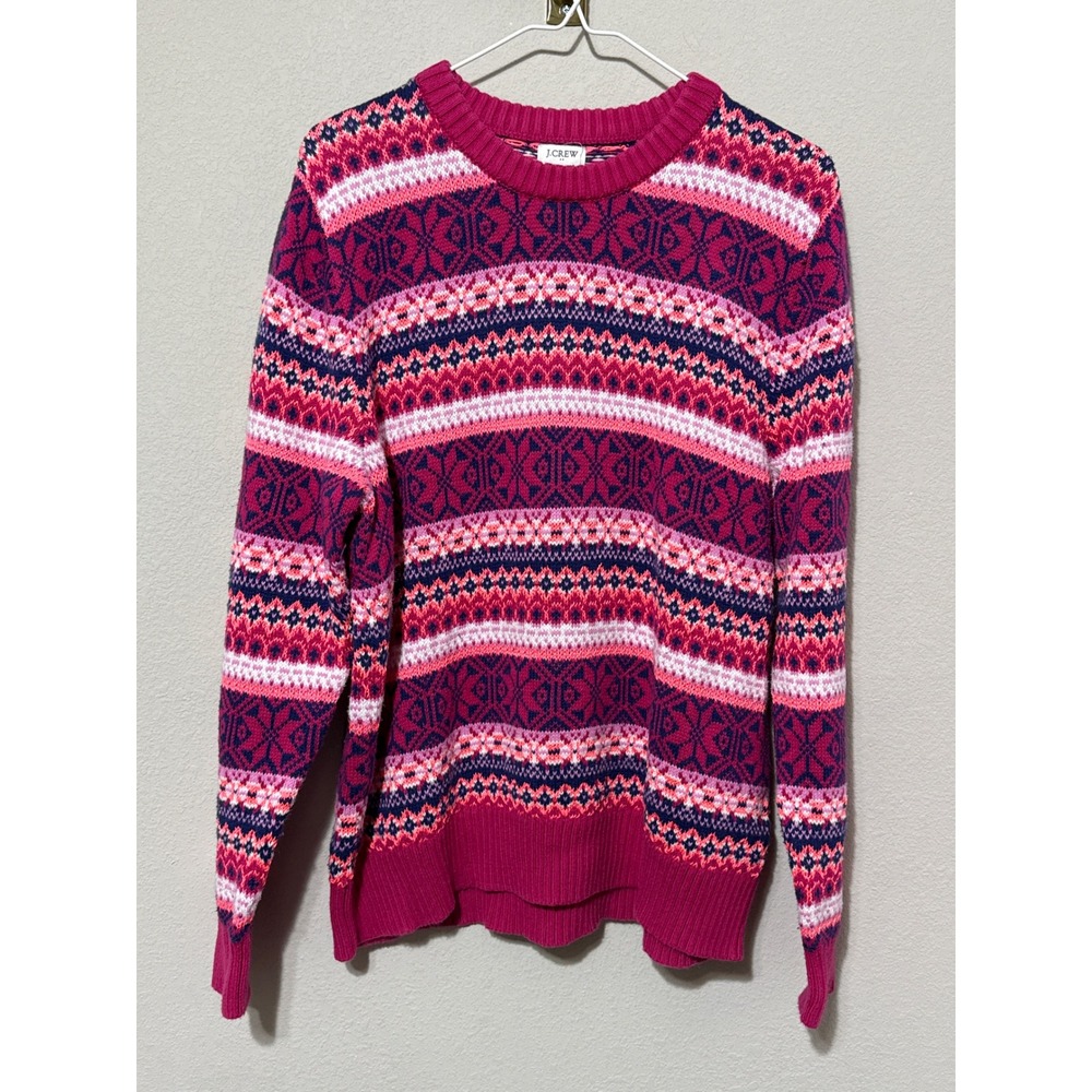 J.Crew Fair Isle Sweater Womens XL Pink Purple Cotton Blend Crewneck Knit